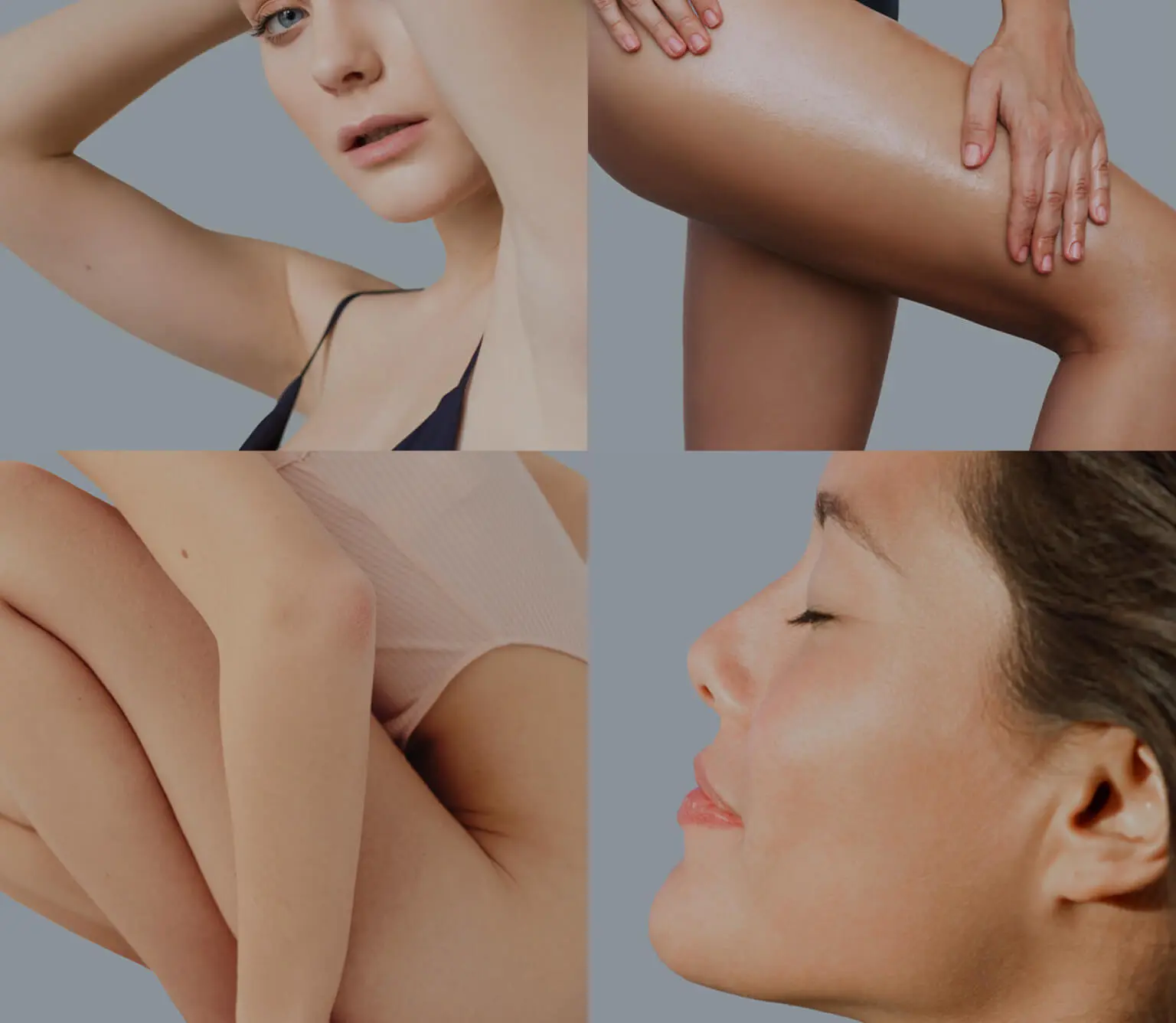 Collage of women showcasing glowing skin on their face, arms, thighs, and legs, emphasizing beauty and skincare with soft natural tones.