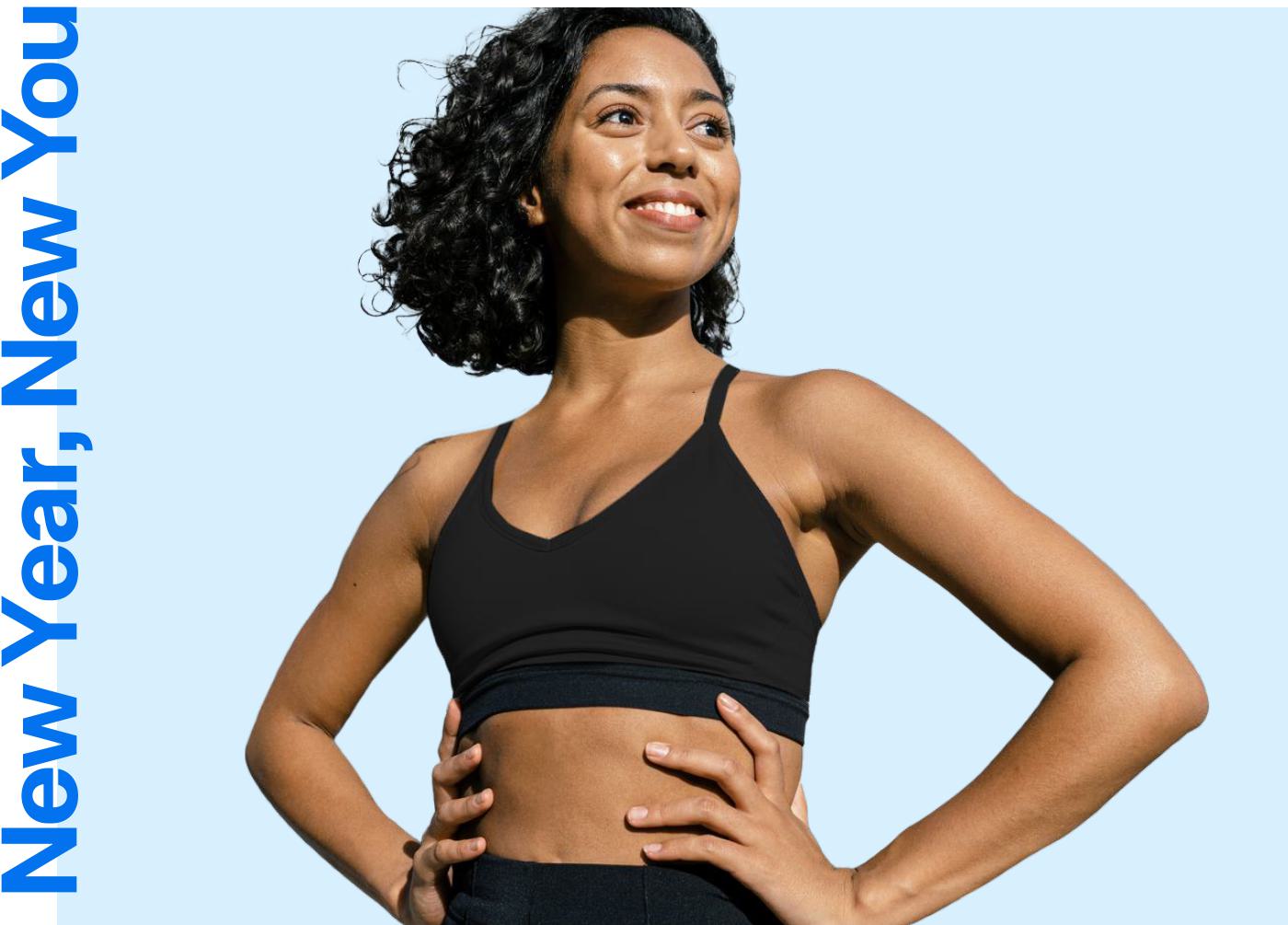 An ad for laser hair removal featuring a smiling woman in a black sports top with New Year, New You text againt a light blue background.